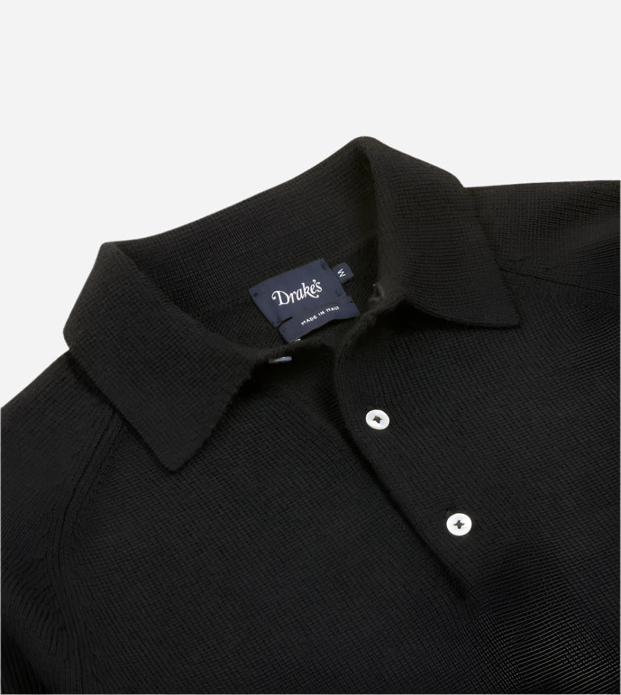 Long Sleeve Merino Wool Knitted Polo - Black