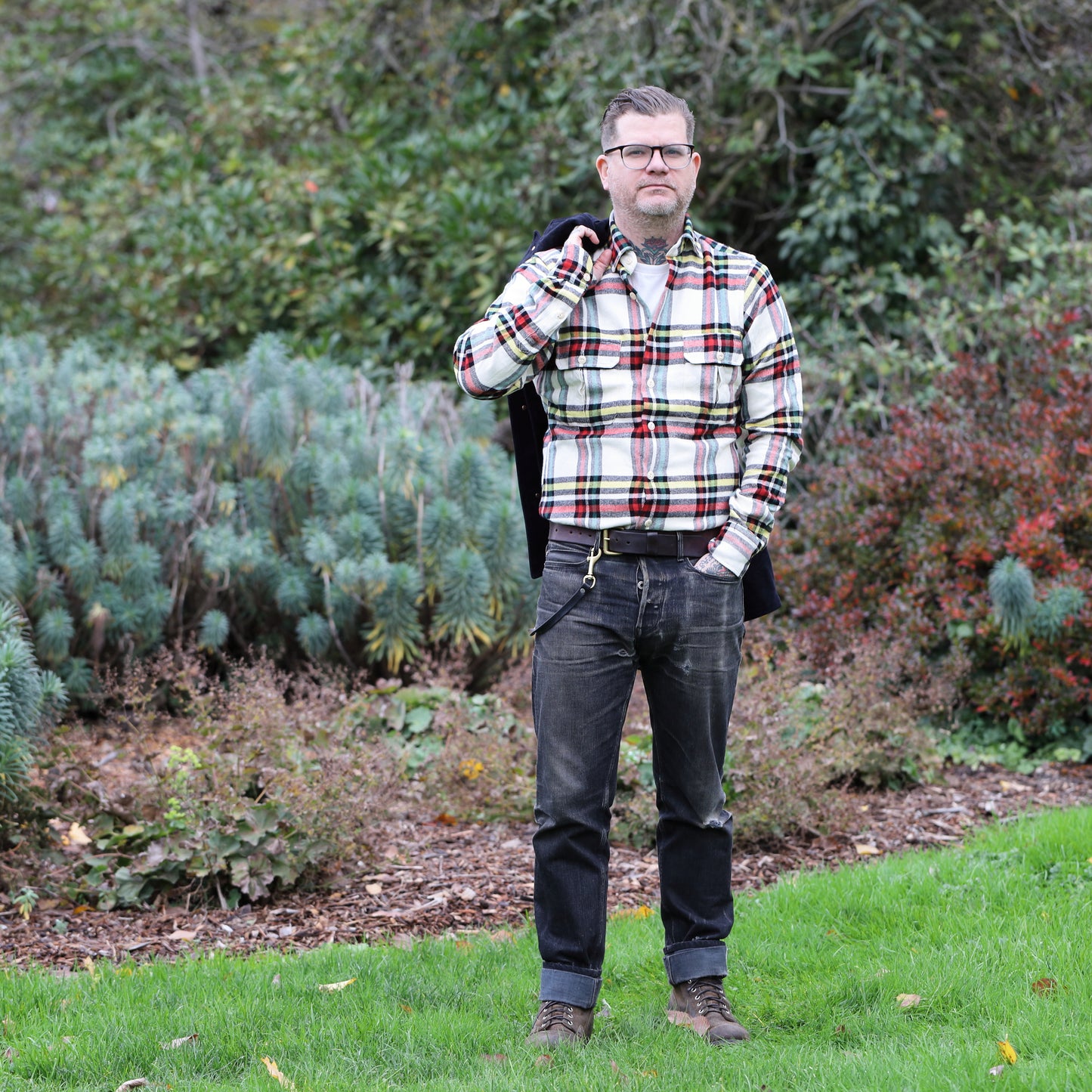 White Check Brushed Cotton Two-Pocket Work Shirt