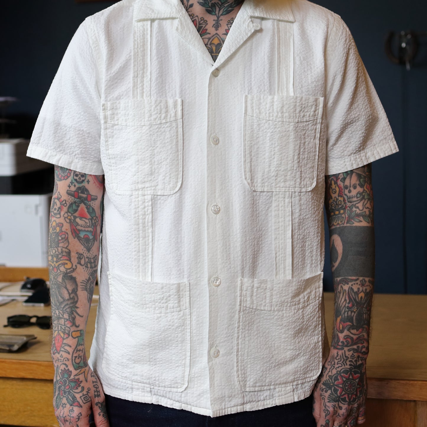 SS Seersucker Cuban Shirt - White
