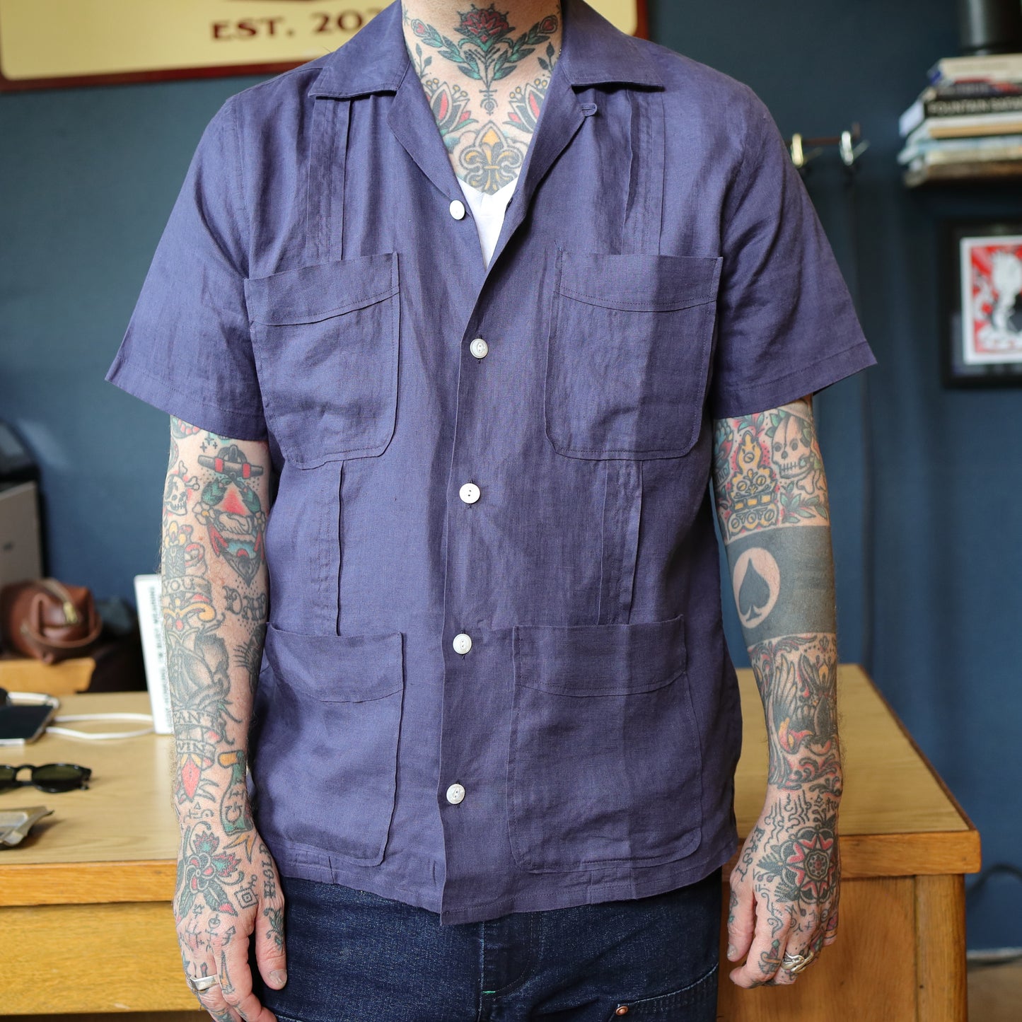 SS Linen Cuban Shirt - Washed Navy