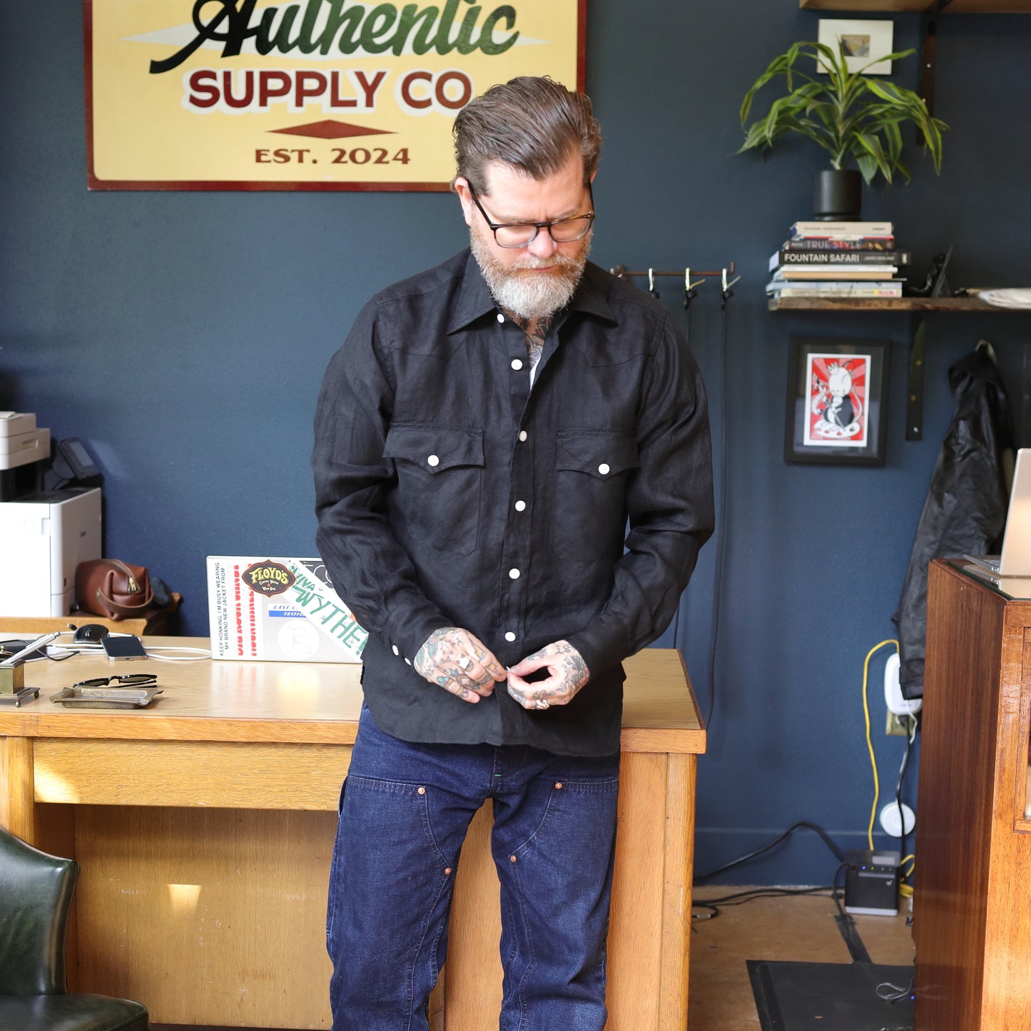 Linen Twill Western Shirt - Black