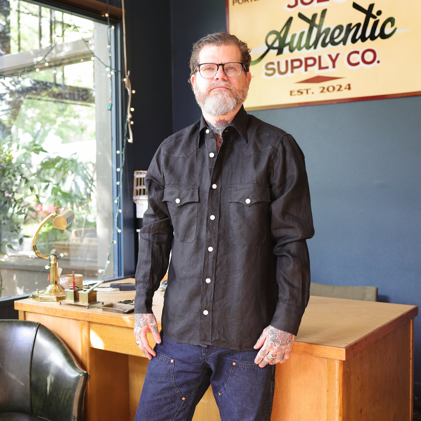 Linen Twill Western Shirt - Black