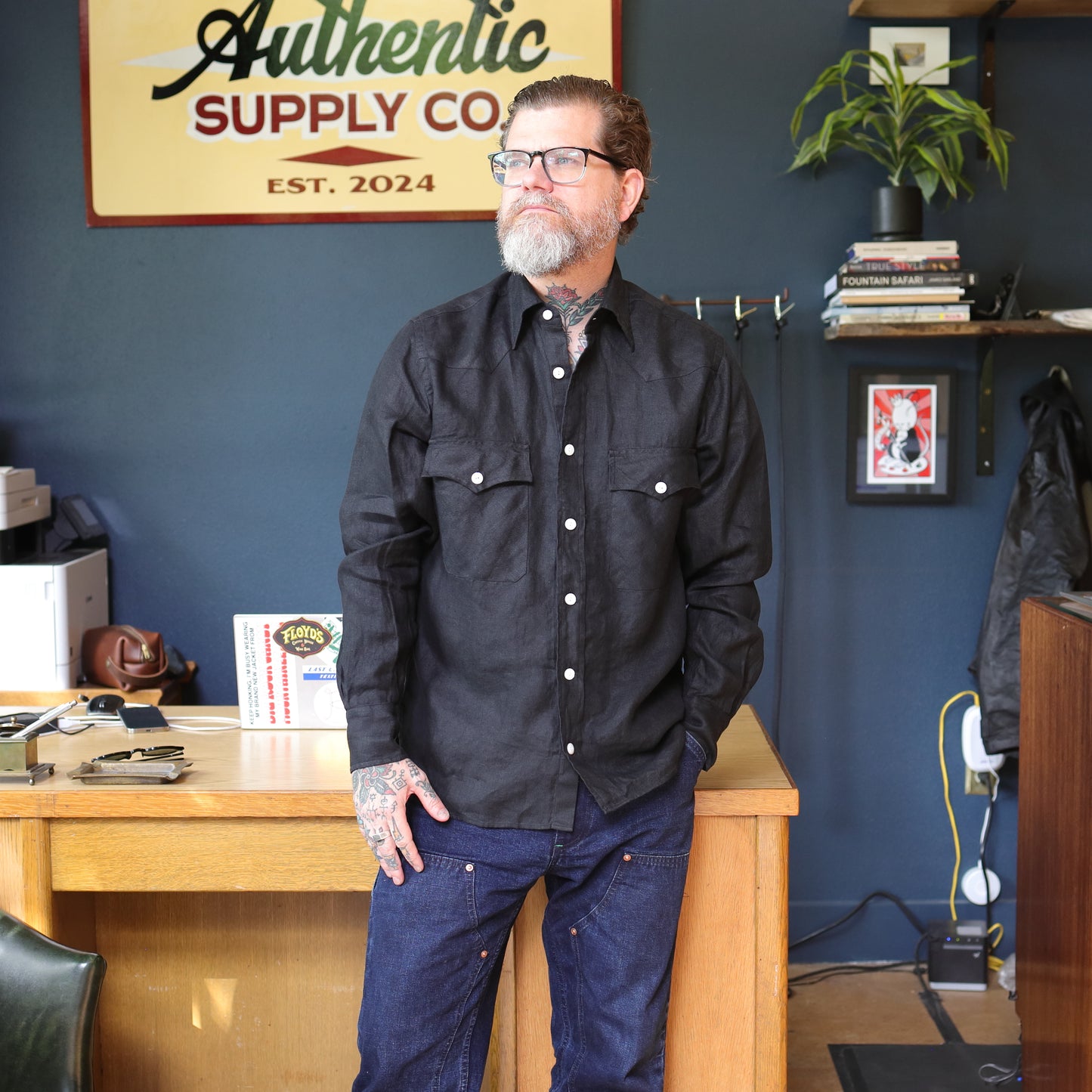 Linen Twill Western Shirt - Black