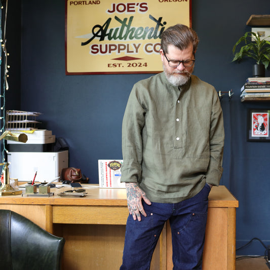 Map Pocket Linen Grandad Popover - Khaki