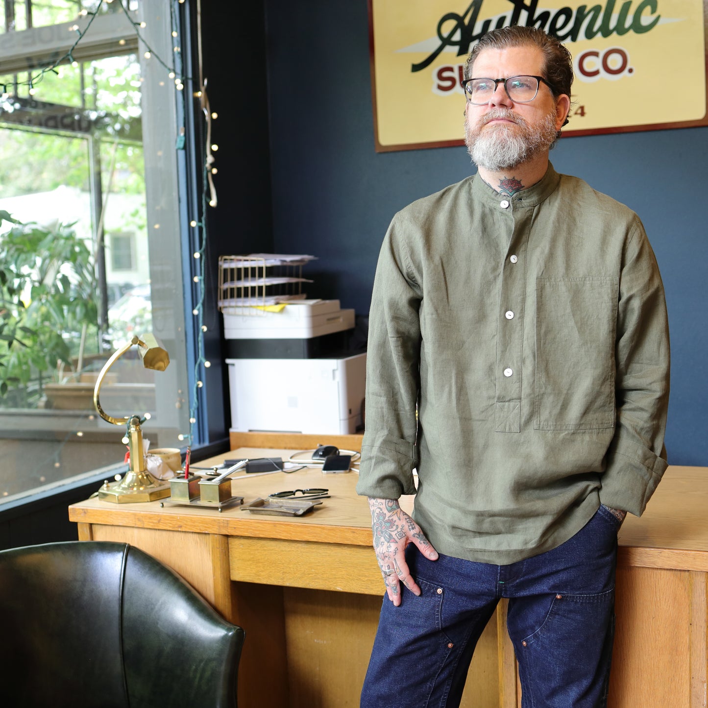 Map Pocket Linen Grandad Popover - Khaki