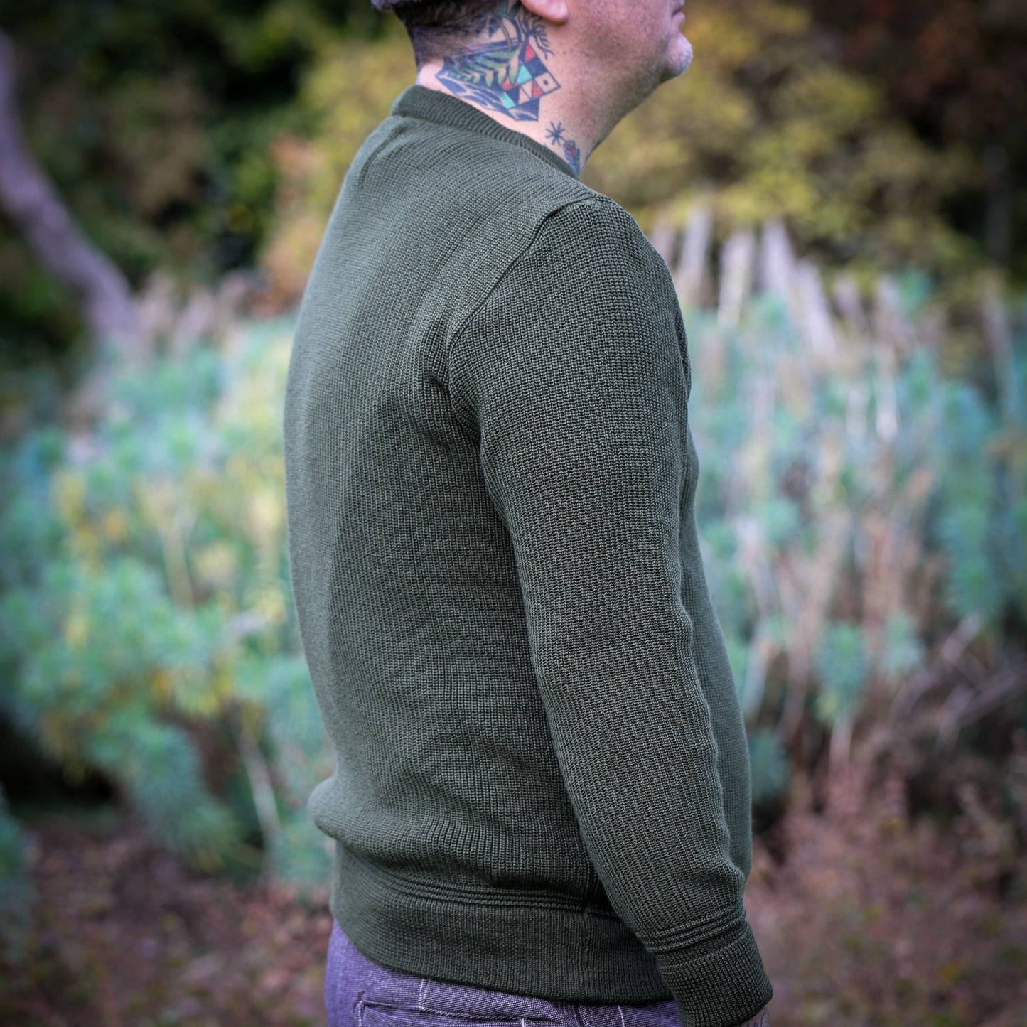 Merino Wool Crew Neck Sweater - Military Green