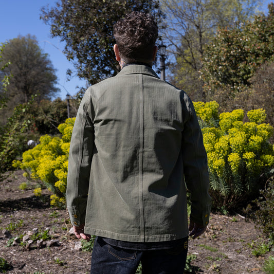 Japanese Cotton Herringbone Barn Jacket - Faded Olive