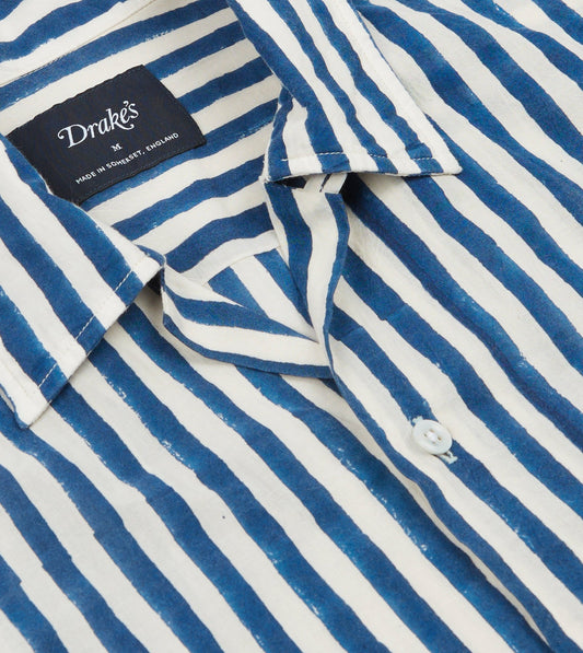 Camp Collar Block Print Short Sleeve - Indigo Stripe