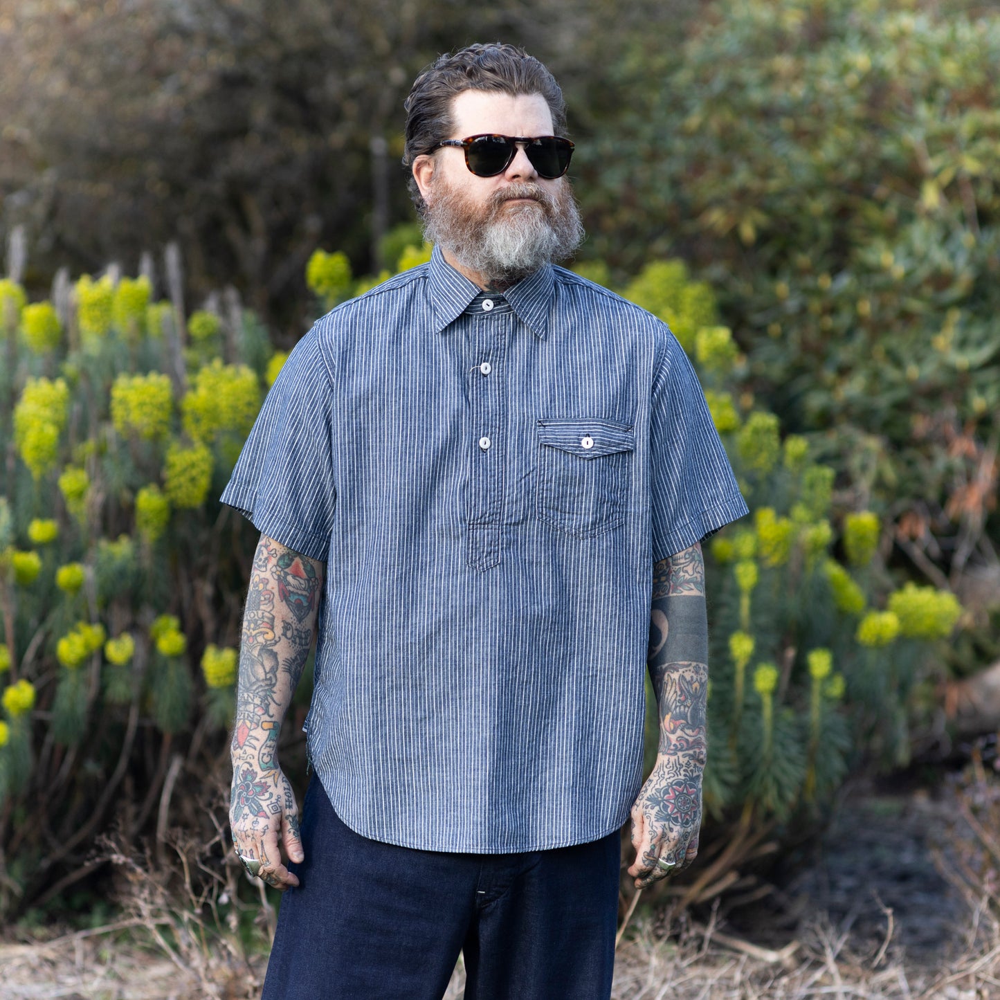 Navy Cut SS Selvedge Chambray - Indigo Stripe