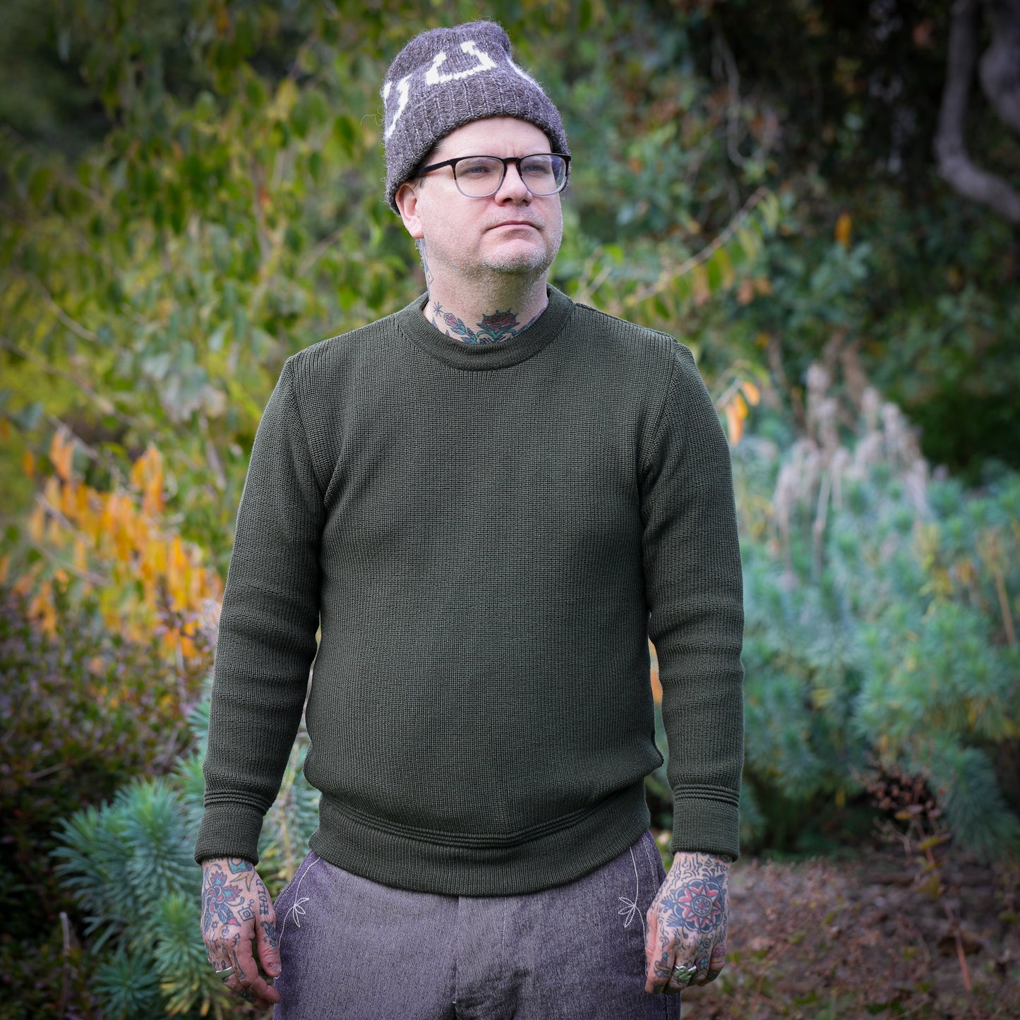 Merino Wool Crew Neck Sweater - Military Green